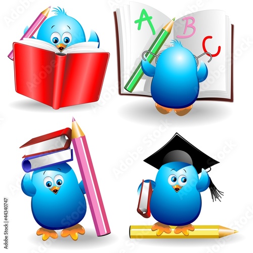 Blue Chick Cartoon Back to School with pencils and Notebook #44340747