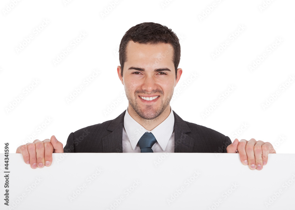 Successful businessmen presenting empty board Successful businessmen presenting empty board