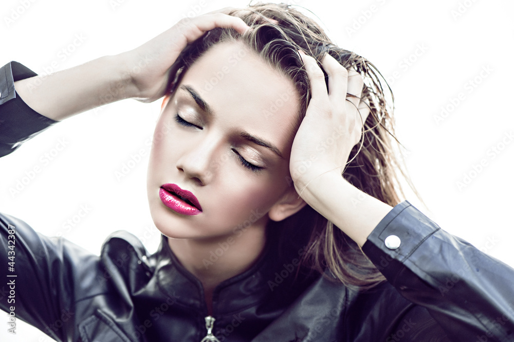 Fototapeta premium Beautiful women wet face red lips drop water