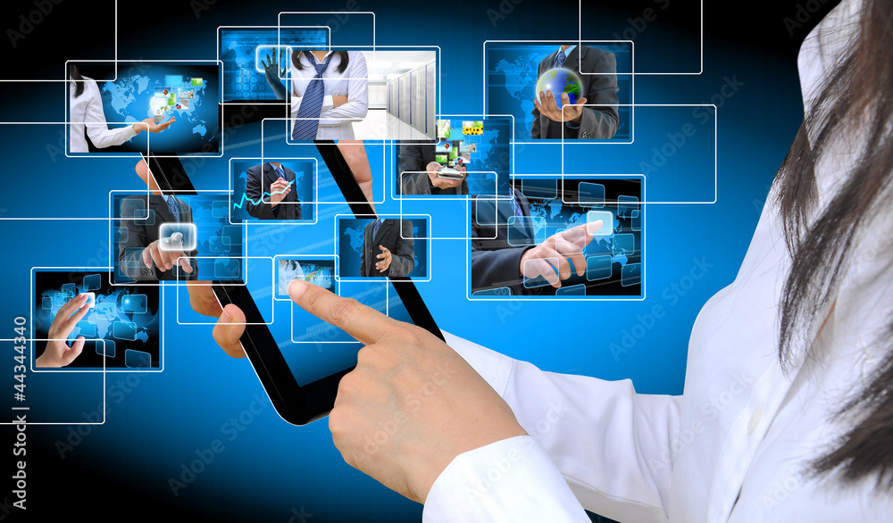 touch pad PC and streaming images virtual buttons on women hand touch pad PC and streaming images virtual buttons on women hand