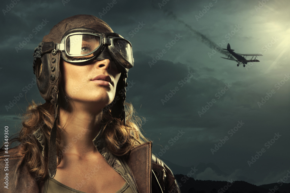 Woman aviator: fashion model portrait - obrazy, fototapety, plakaty 
