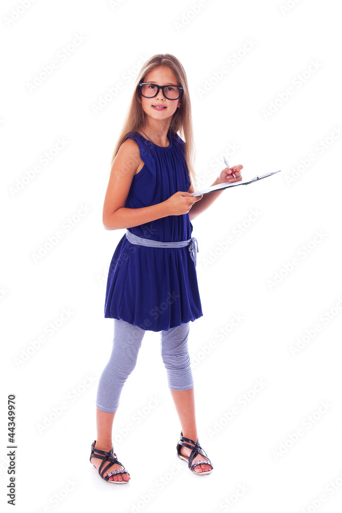 Portrait of beautifu girl posing on white background with book Portrait of beautifu girl posing on white background with book