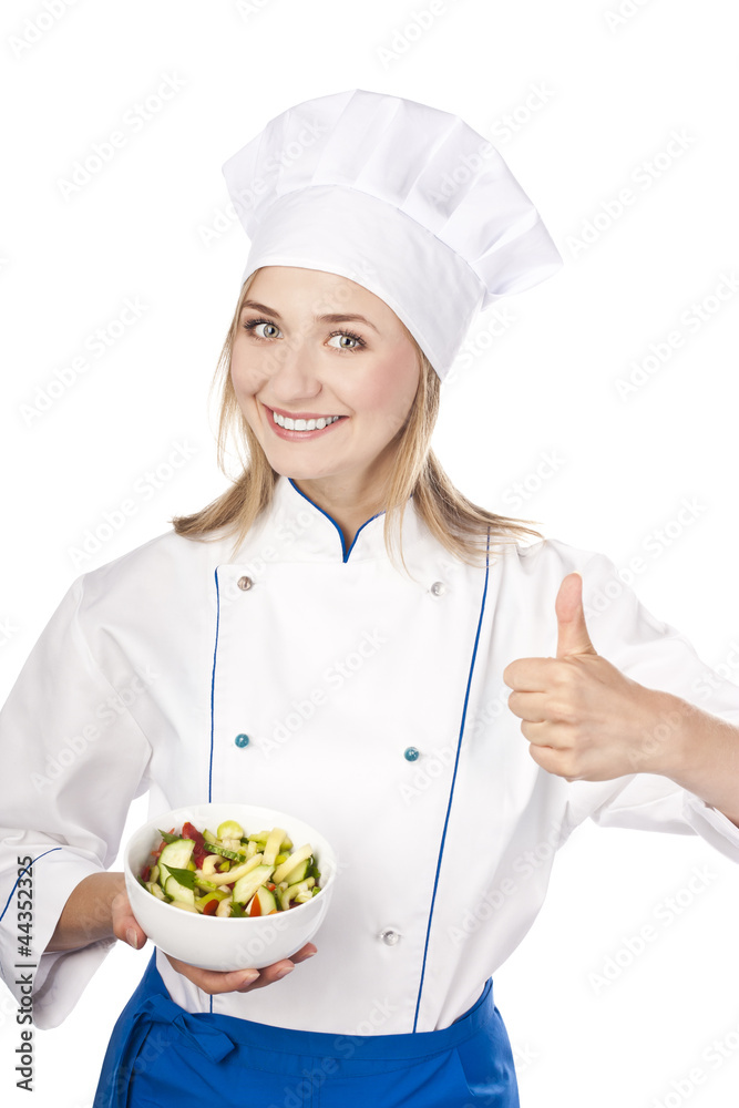 Chef holding a healthy diet. Studio white background Chef holding a healthy diet. Studio white background