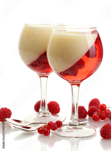 fruit jelly with raspberries in glasses isolated on white