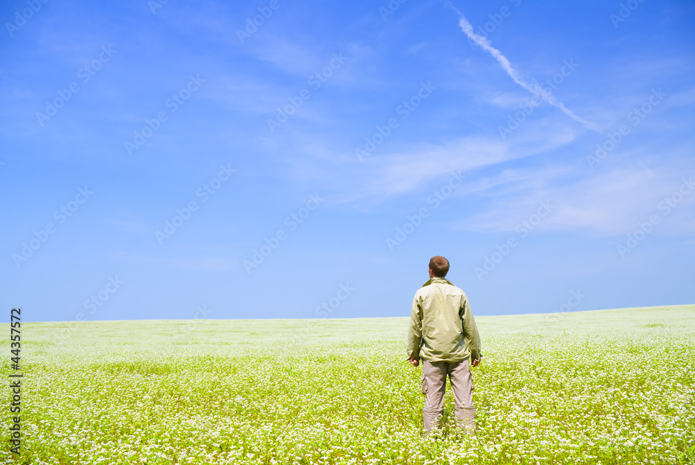 Man on green meadow.