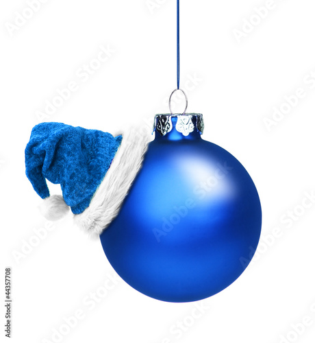 Blaue Weihnachtskugel mit Nikolausmütze