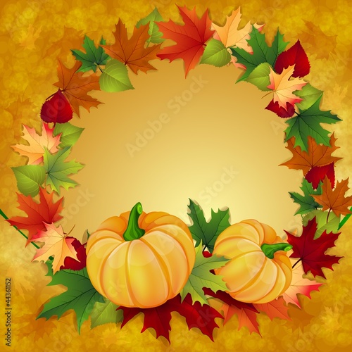 Autumn background with leaves and pumpkins