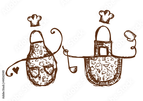Funny aprons with kitchen utensils sketch for your design