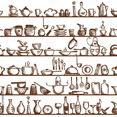 Kitchen utensils on shelves, sketch seamless pattern