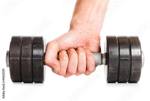 male hand with metal barbell