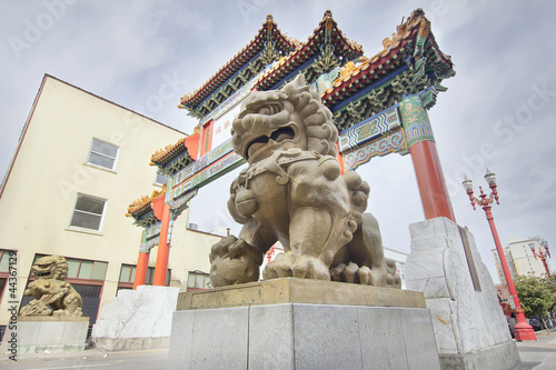 Photography Chinese Foo Dogs Pair at Portland Oregon Chinatown Gate