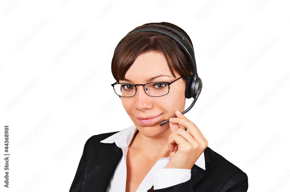Businesswoman talking on headsetl, isolated on white Businesswoman talking on headsetl, isolated on white