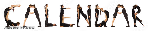 Black dressed people forming CALENDAR word over white 