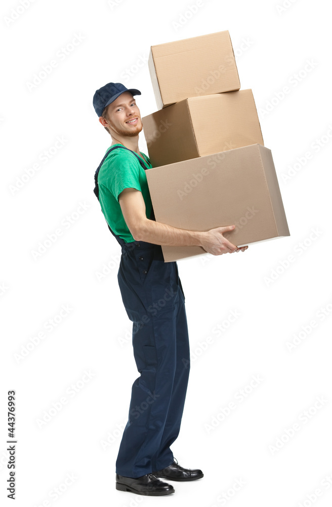 Workman delivers three boxes, isolated, white background Workman delivers three boxes, isolated, white background