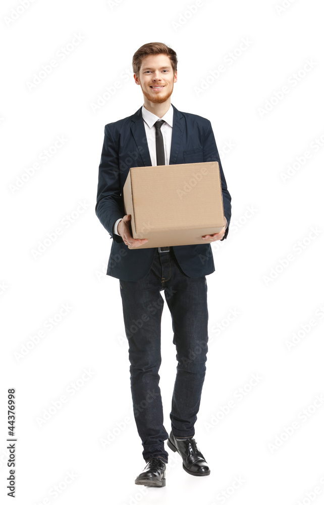 Shop assistant brings the parcel, isolated, white background Shop assistant brings the parcel, isolated, white background