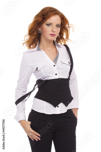 Sensual censorious business lady isolated over a white photo