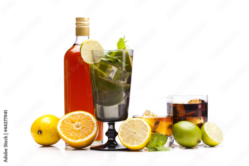 Exotic alcohol drinks set with fruits Exotic alcohol drinks set with fruits