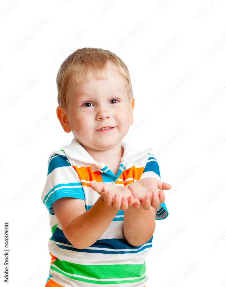 Little child boy reaching his hands out, isolated on white Little child boy reaching his hands out, isolated on white