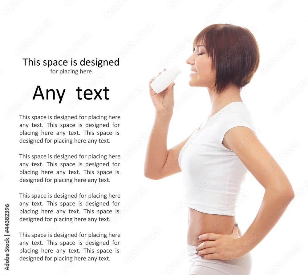 A young and fit brunette Caucasian woman drinking yogurt A young and fit brunette Caucasian woman drinking yogurt
