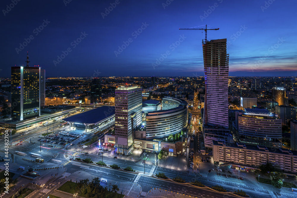 Night panorama of Warsaw - obrazy, fototapety, plakaty 