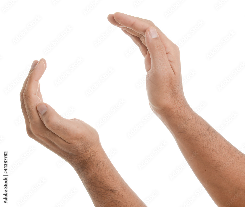 Two male hands holding something round - isolated on white Two male hands holding something round - isolated on white