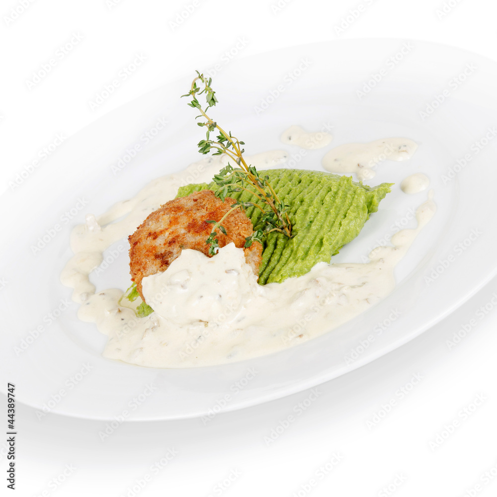 cutlets of cod and bass with broccoli puree and green peas cutlets of cod and bass with broccoli puree and green peas