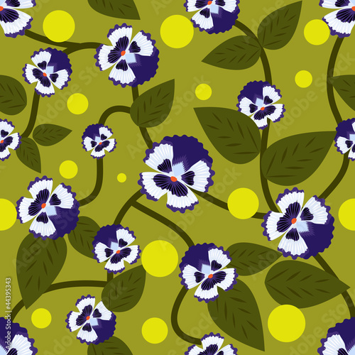 Blue flowers with green leaves seamless vector pattern..