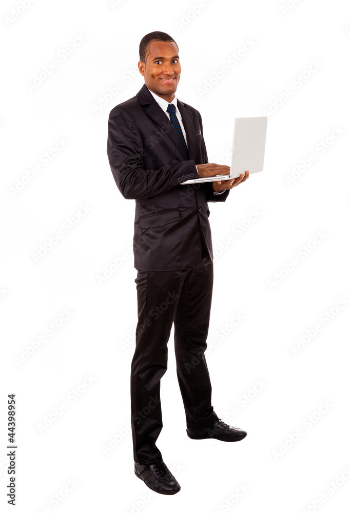 African American business man with laptop, isolated on white African American business man with laptop, isolated on white