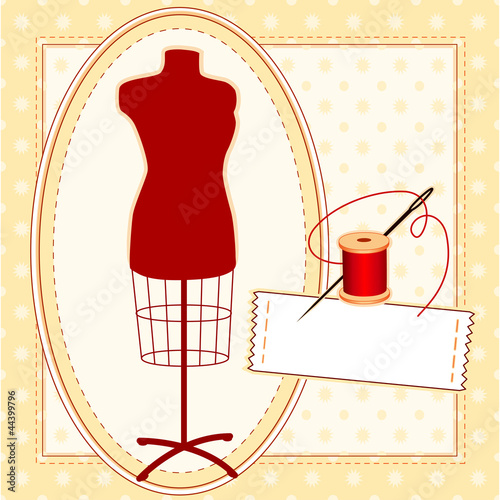 Tailor's Model, thread, sewing label, copy space, pattern frame