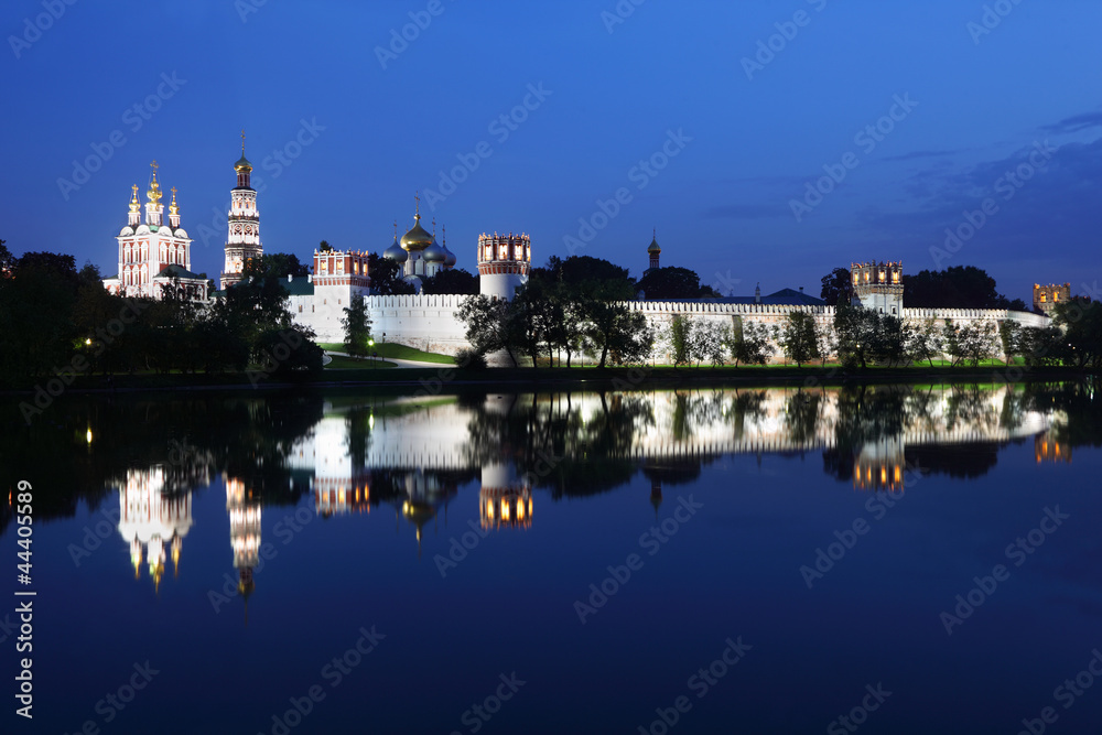Novodevichy Convent at night, Moscow, Russia.