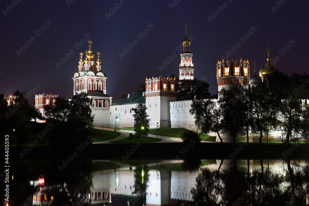 Novodevichy Convent at dark night in Moscow, Russia.