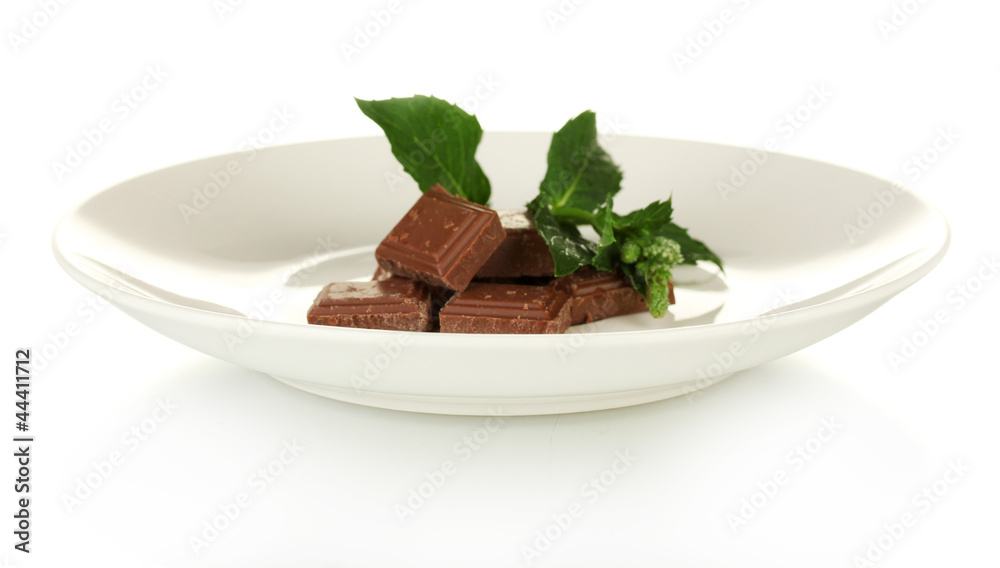Pieces of chocolate and mint on the plate isolated on white