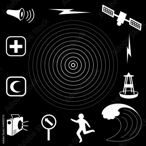 Tsunami Icons. earthquake, disaster, ocean wave, satellite siren