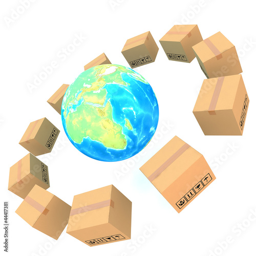 Cardboard boxes around global on white background 3d illustratio