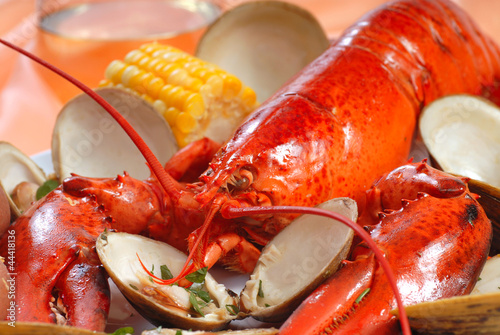 Fotografie, Tablou Boiled lobster dinner with clams and corn