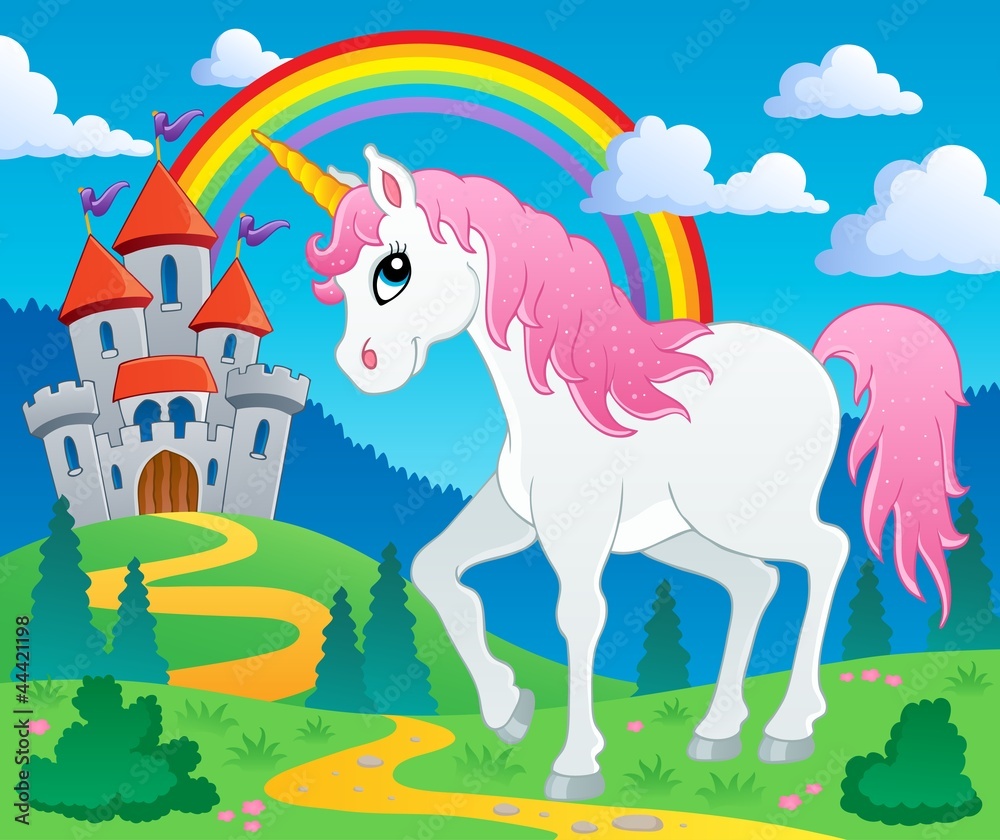 Fairy tale unicorn theme image 2 - obrazy, fototapety, plakaty 