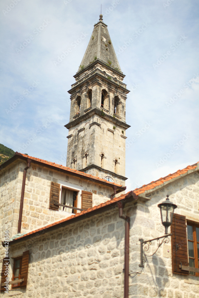 Belfry or bell tower of an old church of European design.