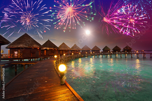 Festive New Year's fireworks over the tropical island