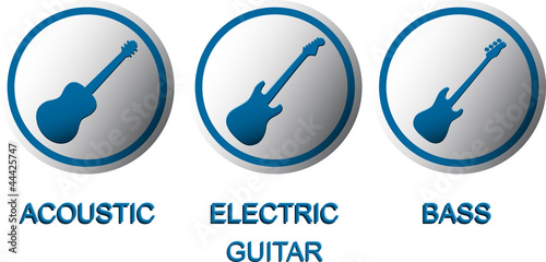 Buttons with silhouettes of acoustic, electric and bass guitar