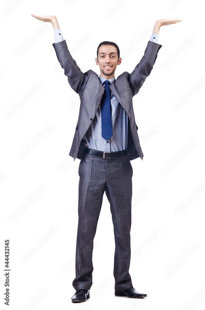 Young businessman pushing invisible obstacles Young businessman pushing invisible obstacles