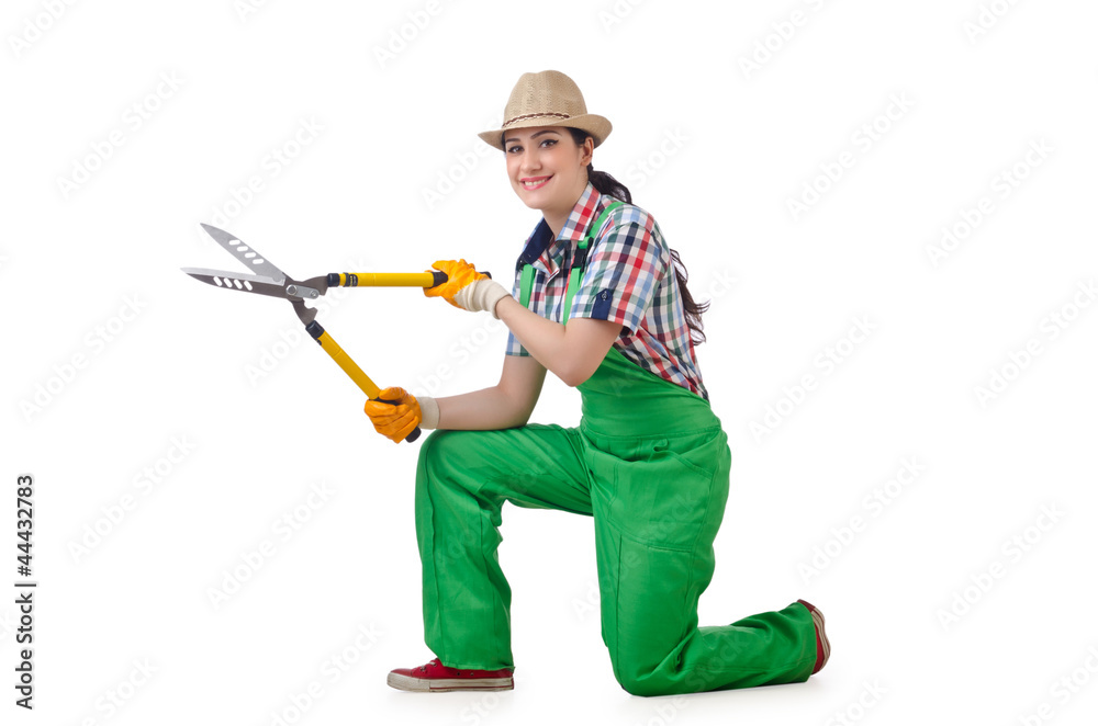 Girl with garden scissors on white