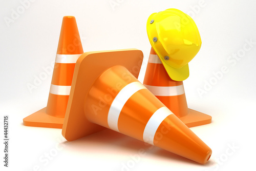 Fototapeta Naklejka Na Ścianę i Meble -  illustration of 3d image of hard hat on construction cone