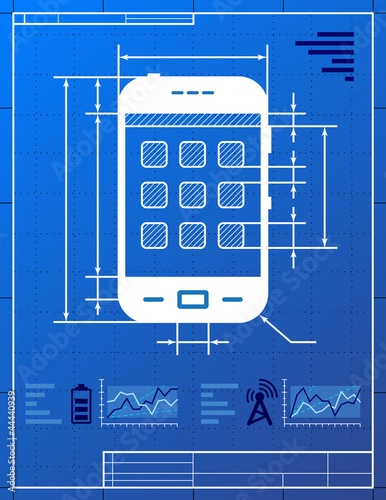Stylized drawing of smartphone on blueprint paper