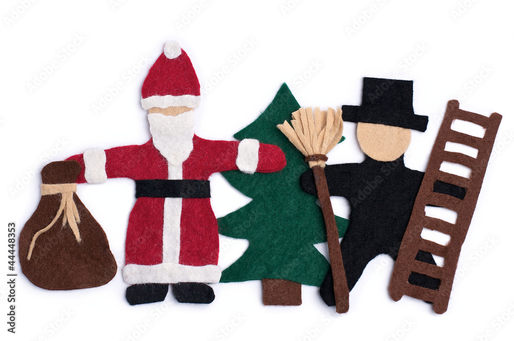 Fotografie Weihnachtsmann und Schornsteinfeger mit Tannenbaum