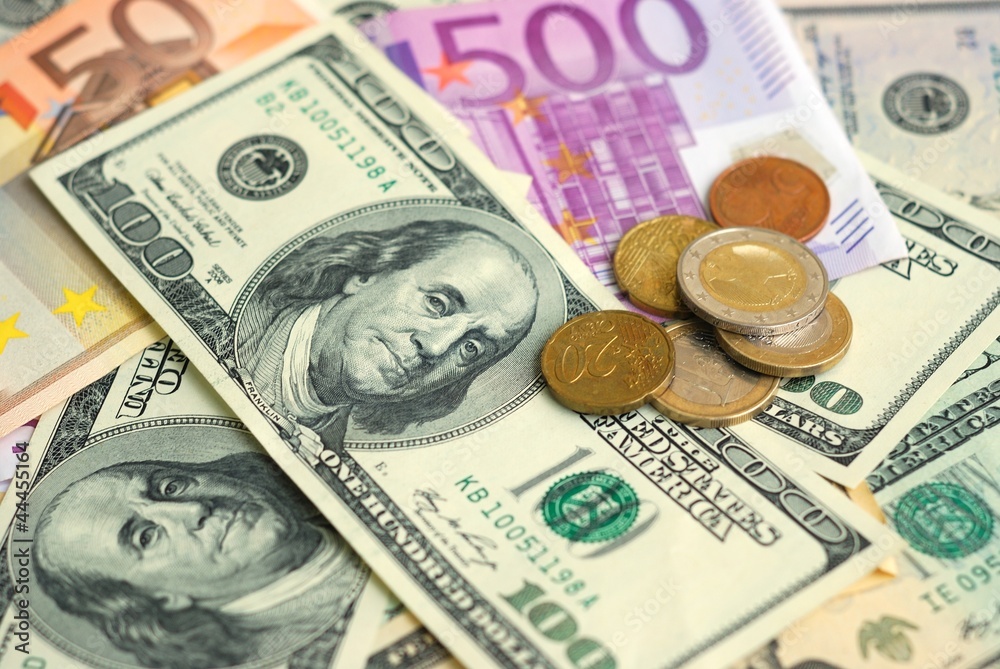 Dollar and Euro bank note money background