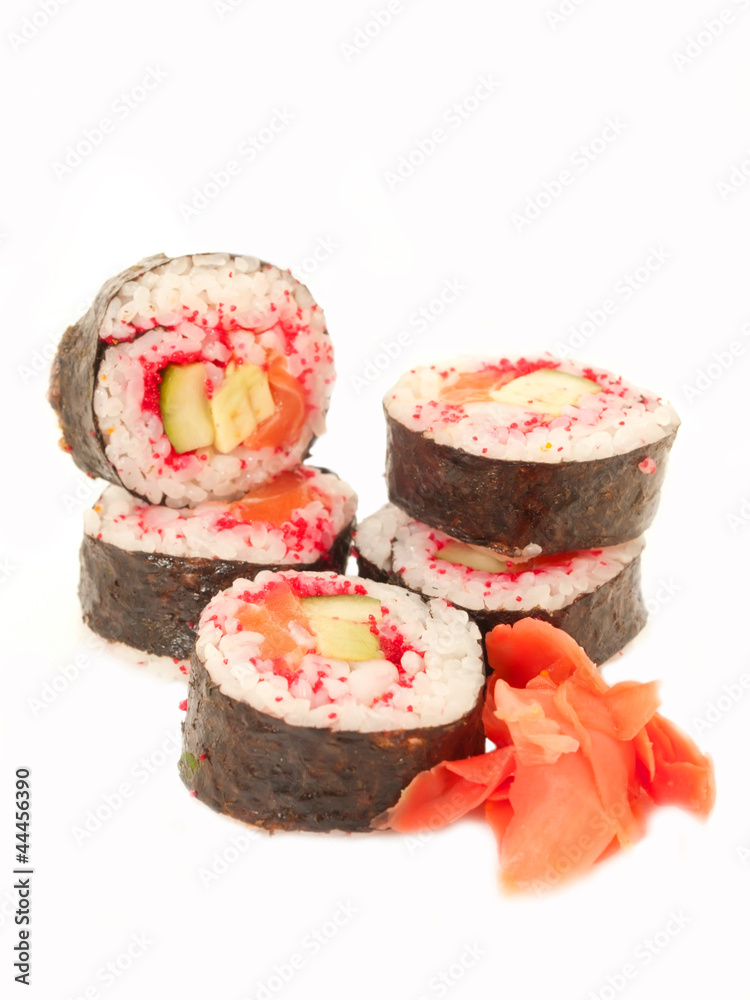 rolls with shrimp, salmon and red masago isolated on white rolls with shrimp, salmon and red masago isolated on white