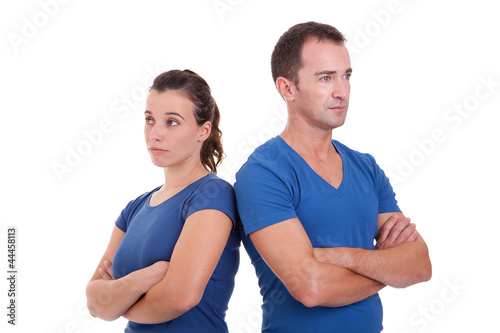 upset couple, back to back , isolated on white