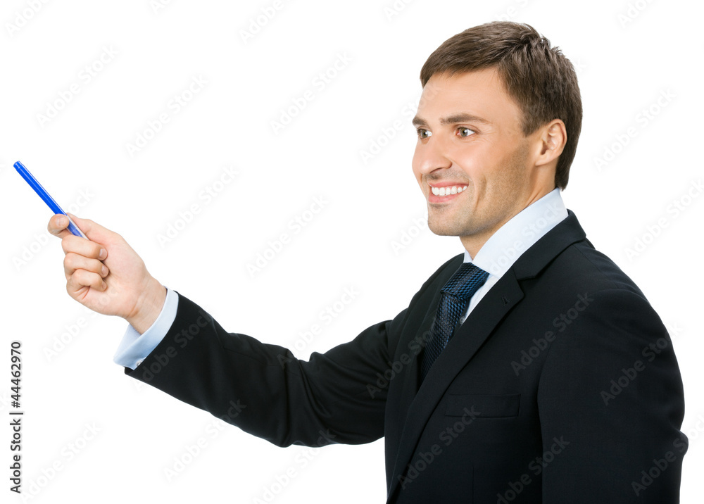 Business man showing, isolated Business man showing, isolated