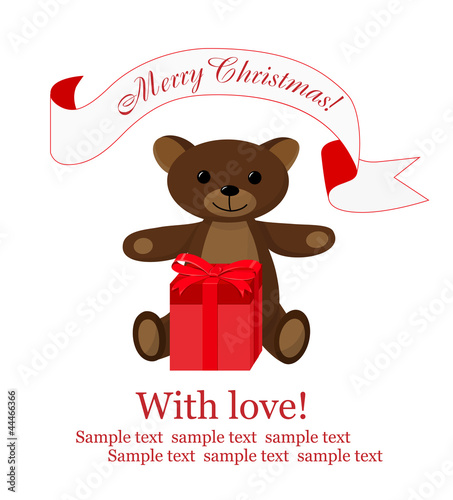 Christmas background with teddy bear and gift box © portarefortuna