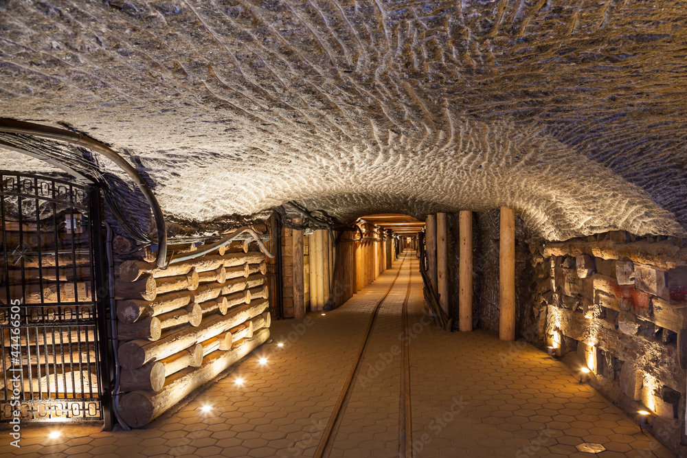 Naklejka premium Underground corridor in the Wieliczka Salt Mine, Poland.